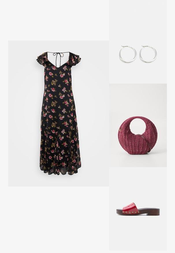 Schwarz gemustertes Kleid mit Rüschensäumen, tiefem V-Ausschnitt und Bindeband. Mit pinken und gelben Blumen auf einem leichten Stoff. Midi-Länge.; Rote Pantoletten aus Lackleder mit niedrigem Blockabsatz aus Holz und Messingnieten entlang der Seiten, im Profil vor weißem Hintergrund gezeigt.; Runde, gewebe Tasche in tiefem Burgunderrot mit einem glatten braunen Trageriemen. Verfügt über goldene Akzente und eine strukturierte Oberfläche mit gleichmäßig verteilten Öffnungen.; Silberne Creolen zeichnen sich durch ein glattes, rundes Design mit einem schlanken Profil und einem sicheren Verschluss aus. Minimalistischer Stil mit glänzender Oberfläche.