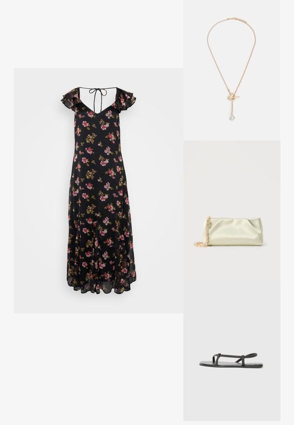 Schwarz gemustertes Kleid mit Rüschensäumen, tiefem V-Ausschnitt und Bindeband. Mit pinken und gelben Blumen auf einem leichten Stoff. Midi-Länge.; Schwarze flache Sandalen mit dünnen, strukturierten Riemen und einem minimalistischen Design. Die Sohle ist glatt und die gesamte Form ist schlank und zurückhaltend.; Sanftes, hellgrünes Satin-Clutch mit goldener Kettenriemen und Kristallverzierung, rechteckige Form mit sanften Falten vor schlichtem Hintergrund.; sweet deluxe CATHERINE - Halskette - gold-coloured/weiß