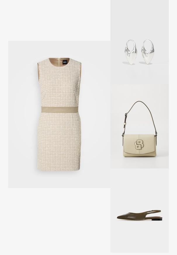 Vestido de color beige tejido con un patrón texturizado, diseño sin mangas, escote redondo y un cinturón a juego en la cintura. Cierre de cremallera en la parte posterior.; Zapato plano de tacón bajo y tira trasera en punta de color verde oliva con acabado liso y brillante.; Bolso de cuero color crema con un diseño estructurado, que presenta un logotipo en relieve prominente, un cierre de solapa y una correa ajustable.; Otiumberg ROSCIDA HEART HOOPS - Pendientes - silver-coloured