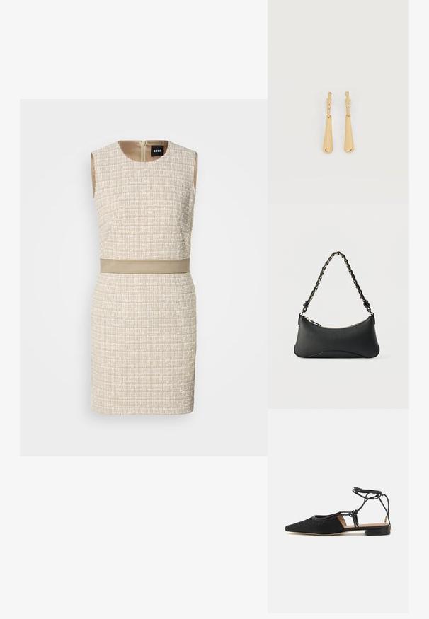 Vestido de color beige tejido con un patrón texturizado, diseño sin mangas, escote redondo y un cinturón a juego en la cintura. Cierre de cremallera en la parte posterior.; Zapato plano negro con punta afilada, parte superior texturizada, lazos en los tobillos y un tacón bajo cuadrado. Presenta un patrón sutil en el material.; Bolso de hombro de cuero negro con forma rectangular curvada, cadena dorada entrelazada en una correa negra trenzada y cierre superior con cremallera.; Pendientes colgantes en tono dorado con colgantes alargados y suaves en forma de lágrima, colgando de cierres de aros pequeños sobre un fondo blanco.