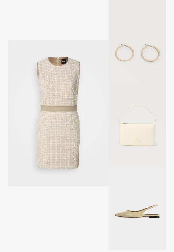 Robe tissée beige avec un motif texturé, design sans manches, encolure ronde et une ceinture assortie à la taille. Fermeture éclair dans le dos.; Chaussure plate beige à bout pointu avec bride arrière, petit talon noir et finition en cuir lisse, vue de côté sur un fond uni.; Sac à main rectangulaire de couleur crème avec une seule sangle et une fermeture éclair sur le dessus, comportant une petite plaque de logo embossé à l'avant.; Paire de boucles d'oreilles créoles moyennes lisses ton or avec fermoirs à charnière sur fond clair uni.