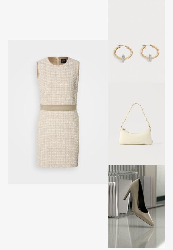 Robe tissée beige avec un motif texturé, design sans manches, encolure ronde et une ceinture assortie à la taille. Fermeture éclair dans le dos.; Chaussure à talon beige équilibrée sur son talon sur une surface brillante à côté d'un organiseur de fichiers métallique avec des documents.; Petit sac à main couleur crème avec une forme incurvée et une poignée en chaîne torsadée ton or, fermeture éclair sur le dessus; Paire de boucles d'oreilles créoles dorées avec un petit détail boucle ton argent sur chaque, exposées sur fond gris clair.
