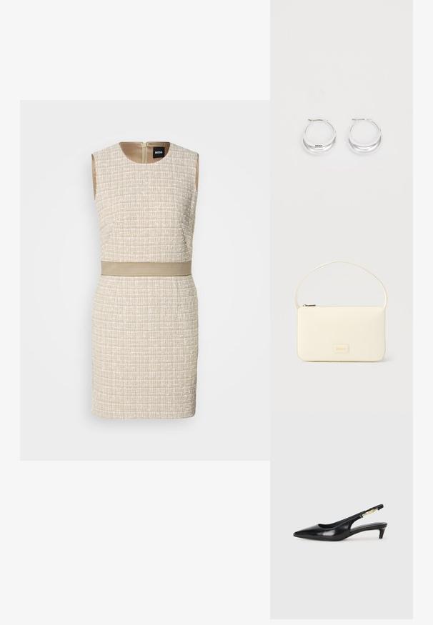 Geweven beige jurk met een gestructureerd patroon, zonder mouwen, ronde halslijn en een bijpassende riem in de taille. Achterzijde met ritssluiting.; Zwarte leren slingback hakken met een spitse neus, voorzien van een slanke hak en een goudkleurige accent op de verstelbare band. Gladde textuur.; Roomkleurige rechthoekige handtas met een enkele draagband en een ritssluiting aan de bovenkant, met een klein ingegraveerd logoplacaat op de voorkant.; Zilveren creolen met een gepolijste afwerking en DKNY-branding, weergegeven tegen een effen witte achtergrond.