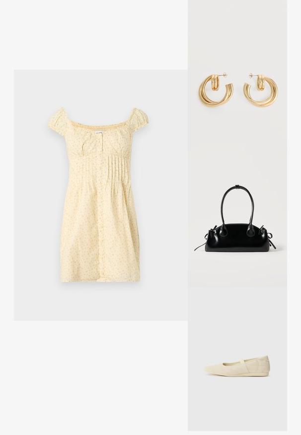 Robe courte jaune avec petit imprimé floral, manches courtes bouffantes, boutonnage devant et plis sur le côté droit sous la poitrine.; Ballerines beiges avec une exterior en cuir lisse, un bout en forme d'amande et une sangle élastique sur le coup de pied, avec des détails de couture subtils.; Petit sac à main noir brillant avec deux longues anses et des détails à cordon sur les côtés sur un fond clair uni.; Paire de boucles d'oreilles créoles doubles en or brillant avec attaches à tige sur fond blanc.