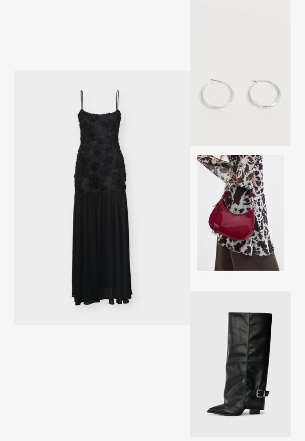 Μαύρο φόρεμα μέχρι το πάτωμα με λεπτές τιράντες, μπούστο με υφή λουλουδιών και αέρινη φούστα από σιφόν.; Μαύρες δερμάτινες μποτές μέχρι τον αστράγαλο με τετραγωνισμένο ρυθμό, λεία υφή και ασημένια αγκράφα στο πλάι. Χοντρό τετράγωνο τακούνι.; Γυναίκα που φοράει μια μπλούζα με μαύρο-άσπρο μοτίβο κρατάει μια γυαλιστερή κόκκινη τσάντα ώμου σε απλό φόντο.; Ασημένια μεταλλικά σκουλαρίκια κρίκοι με λεία, ελαφρώς κυρτή επιφάνεια και κλειδαριά τύπου latch-back σε απλό λευκό φόντο.