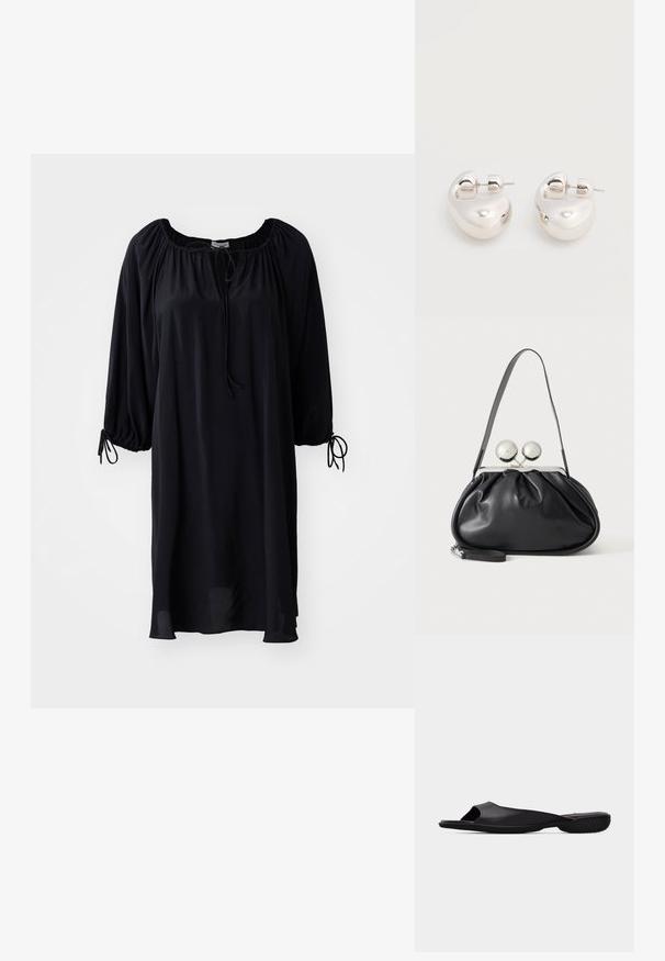 Robe noire, longueur genoux, avec un décolleté en U, un système de fermeture à cordon, et des manches bouffantes avec des détails à nouer aux poignets. Texture de tissu lisse.; Sandale noir à enfiler à bout ouvert avec semelle texturée et design minimaliste, vue de côté sur un fond gris clair uni.; Sac à main en cuir noir avec un design plissé, une sangle unique, un cadre métallique argenté et deux grandes fermoirs ronds en argent.; Paire de boucles d'oreilles argentées brillantes et épaisses avec fermoirs à tige, sur fond blanc uni.