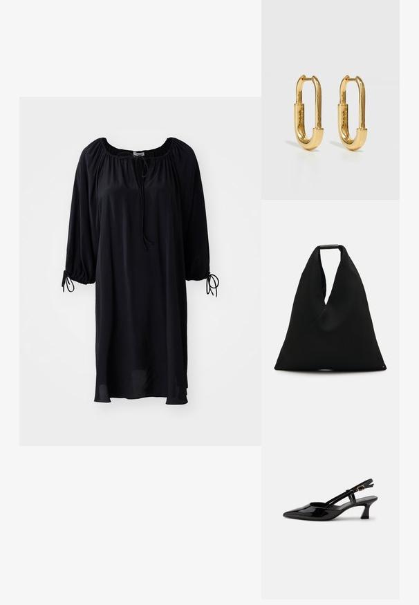 Zwarte jurk tot de knie met een ronde halslijn, trekkoordsluiting en pofmouwen met strikdetails bij de manchetten. Glad kledingtextuur.; Zwarte lakleren slingback kitten heel schoen met spitse neus en verstelbare gouden gespsluiting op een witte achtergrond.; Zwart stoffen draagtas met een uniek V-vormig ontwerp en een gladde textuur. Voorzien van een korte handgreep met minimalistische hardware-details.; Gouden metalen creolen met een langwerpige ovale vorm, voorzien van een gladde, gepolijste oppervlakte en een kleine scharnier voor bevestiging.