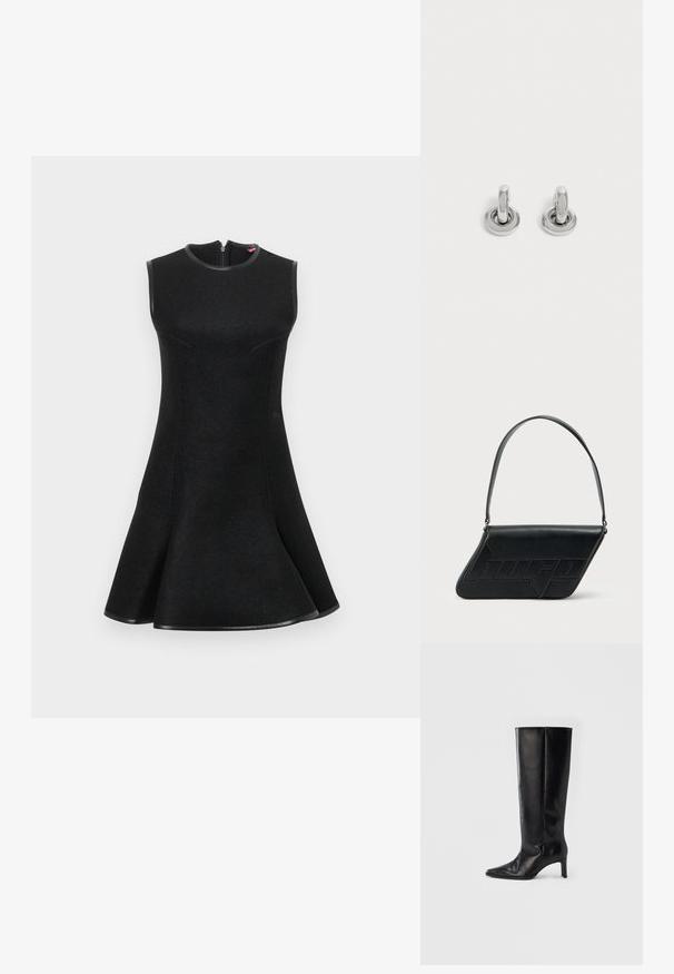 Robe noire sans manches avec une jupe évasée, en tissu texturé, coutures courbes et fermeture éclair au dos. Accentuée d'une bordure noire.; Bottes noires montantes en cuir lisse, avec un bout pointu et un talon fin, une tige ajustée et un design minimaliste.; Sac d'épaule en cuir noir de forme triangulaire, avec un logo embossé et une seule bandoulière réglable. Design minimaliste avec une texture lisse.; Paire de petites boucles d'oreilles créoles argentées brillantes avec une base ronde, présentées sur un fond clair uni.