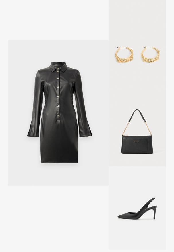 Robe en faux cuir noir avec de longues manches évasées, un col à revers et une patte de boutonnage à l'avant ornée de boutons ronds en argent. Texture lisse.; Escarpins à talon aiguille en cuir noir, avec un design à bout pointu, présentant une découpure à l'avant et un talon fin.; Pochette en cuir noir avec une texture en relief, bandoulière en chaîne dorée et une poche avant. Elle arbore un logo doré sur le devant.; Paire de boucles d’oreilles créoles couleur or avec embossage floral et feuillage orné sur un fond neutre.