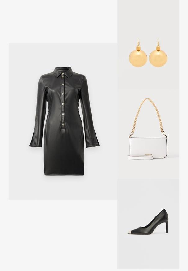 Robe en faux cuir noir avec de longues manches évasées, un col à revers et une patte de boutonnage à l'avant ornée de boutons ronds en argent. Texture lisse.; Chaussure à talon haut en cuir noir avec bout pointu et capuchon argenté métallique. Présente une finition lisse et un talon fin de 10 cm.; Sac à main rectangulaire en cuir blanc avec une fine bordure noire, une anse chaîne dorée et un petit logo doré au centre avant.; Paire de boucles d'oreilles boule de Noël dorées brillantes avec fermoirs à crochet sur fond blanc uni.