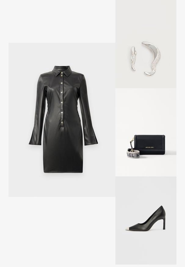 Vestido de cuero sintético negro con mangas largas acampanadas, cuello con solapa y una botonera delantera con botones redondos de plata. Textura suave.; Zapato de tacón alto de cuero negro con punta en forma de pico y una tapa metálica plateada. Presenta un acabado suave y un tacón delgado de 10 cm.; MICHAEL Michael Kors JET SET SM PHONE WBG XBODY - Bandolera - black; Dos pendientes de plata curvados, uno más grande que el otro, ambos adornados con pequeños cristales brillantes a lo largo de un borde.
