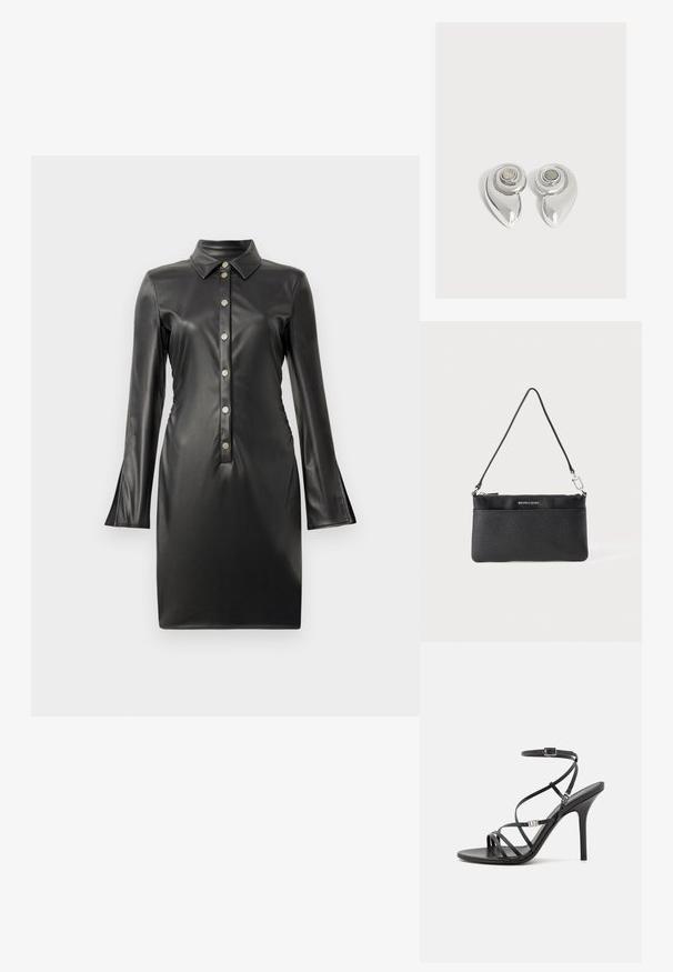 Vestido de cuero sintético negro con mangas largas acampanadas, cuello con solapa y una botonera delantera con botones redondos de plata. Textura suave.; Sándalo negro de tacón alto con tiras finas, hebilla en el tobillo, superficie de cuero suave y tacón de aguja esbelto.; Muñequera de cuero negro, acabado texturizado, cierre de cremallera, herrajes en tono plateado, logo de la marca, correa ajustable. Forma compacta y rectangular.; Par de pendientes metálicos plateados brillantes con un diseño en espiral y una piedra circular en el centro sobre un fondo blanco liso.