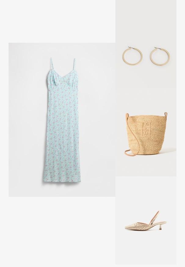 Hellblaues Kleid mit einem Blumenmuster in Pink und Grün. Spaghettiträger und ein tailliertes Oberteil, das zu einem fließenden Rock übergeht. Weiche Stoffstruktur.; Goldener gewebter Slingback-Absatzschuh mit spitzer Zehenpartie und niedrigem Blockabsatz vor weißem Hintergrund.; Gewebte Strohbucket-Tasche mit strukturiertem Muster und Lederriemen, aufrecht stehend vor einem schlichten hellen Hintergrund.; Paar mittelgroße, glatte Creolen in Goldton mit Scharnier-Verschlüssen auf einem einfarbigen hellen Hintergrund.