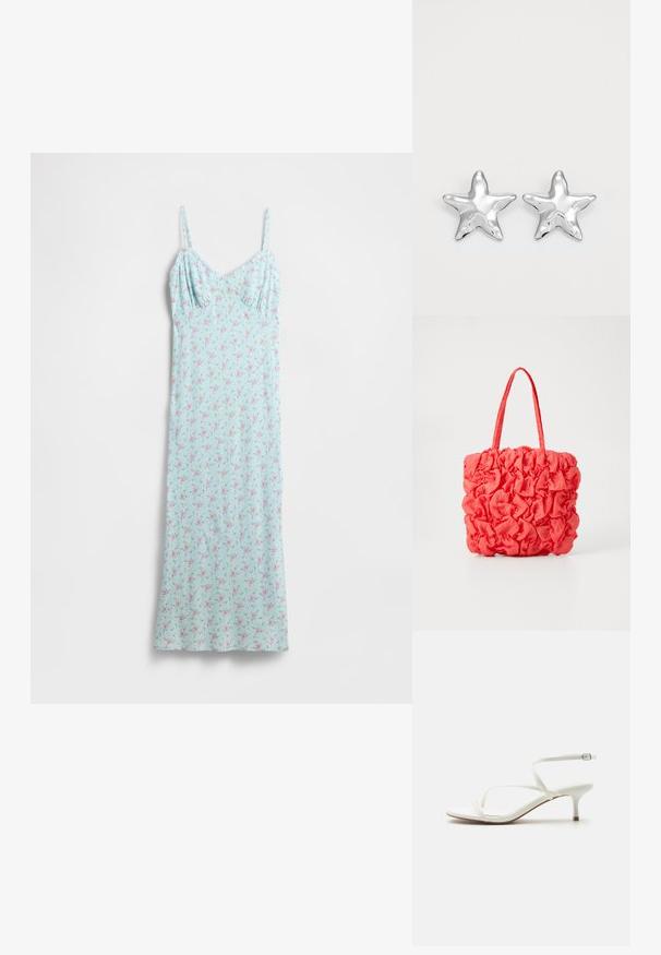 Vestido azul claro con un estampado floral en rosa y verde. Tirantes finos y un corpiño ajustado que da paso a una falda fluida. Textura de tela suave.; Sandalia de mujer blanca con tiras, tacón bajo tipo kitten y hebilla en el tobillo sobre fondo blanco liso.; Bolsa de mano coral con un diseño texturizado y fruncido. Hecha de una tela suave, cuenta con dos asas resistentes y un interior espacioso.; Pendientes en forma de estrella plateada con una superficie pulida y brillante. Cada pendiente presenta cinco puntas y sutiles detalles de textura en la superficie.