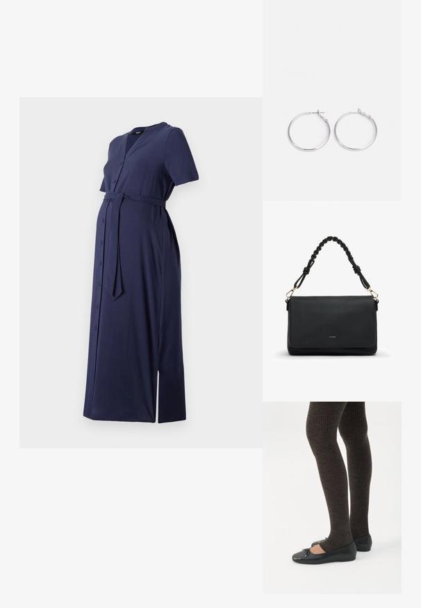 Vestido de maternidad azul marino, de mangas cortas, con botón en la parte frontal, cinturón en la cintura y abertura lateral. Hecho de una tela suave y lisa.; Piernas con leggings oscuros acanalados combinados con bailarinas negras que presentan pequeños detalles de lazo sobre un fondo blanco.; Bolso de hombro de cuero negro con asa trenzada y cierres en tono dorado, cierre con solapa frontal y pequeño logo dorado "MIRIADE".; sweet deluxe EARRING - Pendientes - silver-coloured