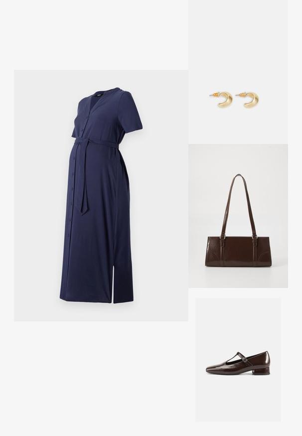 Vestido de maternidad azul marino, de mangas cortas, con botón en la parte frontal, cinturón en la cintura y abertura lateral. Hecho de una tela suave y lisa.; Zapatos Mary Jane de charol marrón con punta redondeada, diseño recortado y una correa ajustable. Tacón bajo y ancho.; Bolso de mano de piel sintética marrón con forma rectangular, dos asas largas y sutiles acentos curvados en la parte delantera.; Pendientes en forma de media luna de oro con un acabado suave, que presentan acentos naranjas cerca del pasador y herrajes de plata.