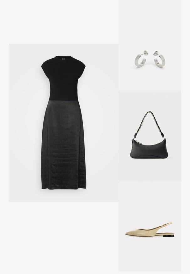 Zwart jurkje met een getailleerde corsage en een vloeiende, zachte rok. Met kapmouwen, ronde halslijn, gladde textuur en enkel-lang ontwerp.; Beige platte slingback schoen met puntige neus, lage zwarte hak en een glad leren afwerking, zijaanzicht op een effen achtergrond.; Zwarte lederen schoudertas met een gebogen rechthoekige vorm, gouden ketting verweven in een gevlochten zwarte band, en een ritssluiting bovenop.; Zilveren metalen hoepel oorbellen met een gestructureerd ontwerp, voorzien van een kleine post achter en branding op een van de hoepels. Ronde vorm met een gepolijste afwerking.
