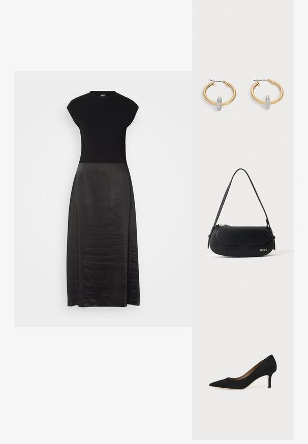 Vestido negro con un cuerpo ajustado y una falda fluida y sedosa. Mangas cortas, escote redondo, textura suave y diseño hasta los tobillos.; Salón de ante negro con punta puntiaguda, tacón de aguja delgado de altura media y diseño de corte bajo sobre un fondo liso.; Bolso de hombro de cuero negro con solapa curva, logo dorado "HUGO" en el frente y una correa ajustable.; Par de pendientes de aro en tono dorado con pequeño detalle de aro en tono plateado en cada uno, expuestos sobre un fondo gris claro.
