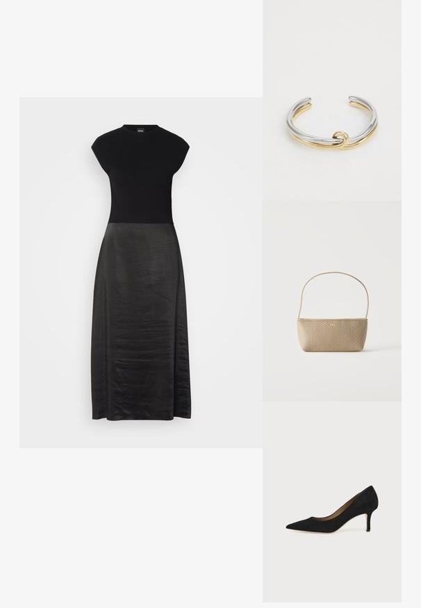 Vestido negro con un cuerpo ajustado y una falda fluida y sedosa. Mangas cortas, escote redondo, textura suave y diseño hasta los tobillos.; Salón de ante negro con punta puntiaguda, tacón de aguja delgado de altura media y diseño de corte bajo sobre un fondo liso.; Bolso tejido beige con correa delgada para el hombro y pequeño logo dorado "BOSS" en el frente, presentado sobre un fondo blanco liso.; Pulsera de pulsera de metal que presenta bandas entrelazadas de plata y oro con un acabado suave y pulido. Detalle de nudo notable en el centro.