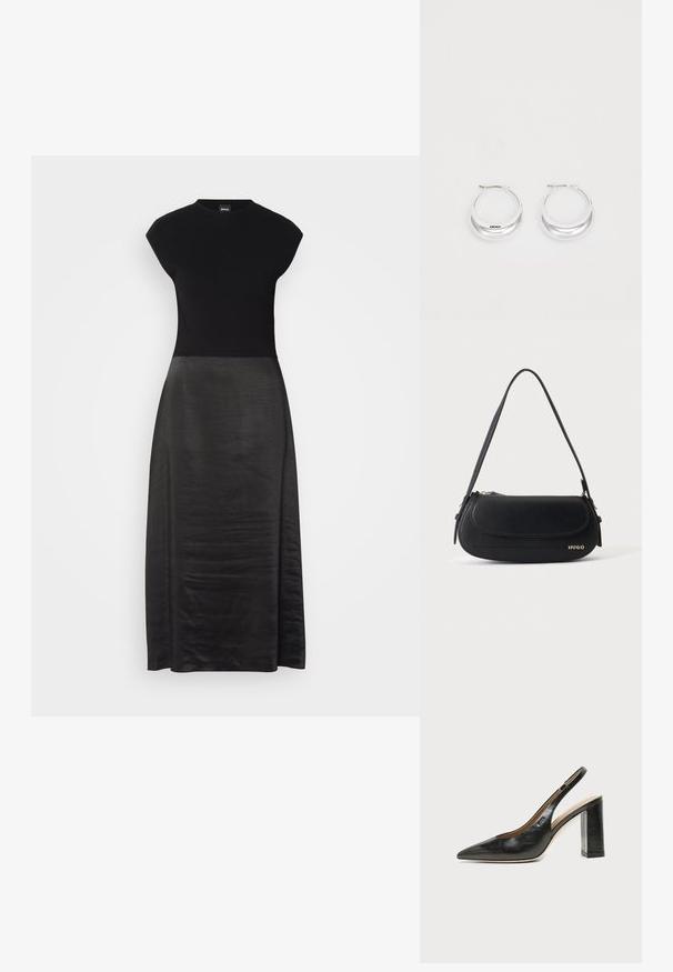 Vestido negro con un cuerpo ajustado y una falda fluida y sedosa. Mangas cortas, escote redondo, textura suave y diseño hasta los tobillos.; Zapato slingback de piel negra con puntera puntiaguda, tacón alto y ancho, y forro interior beige sobre un fondo claro y liso.; Bolso de hombro de cuero negro con solapa curva, logo dorado "HUGO" en el frente y una correa ajustable.; Pendientes de aro de plata con un acabado pulido y la marca DKNY, exhibidos sobre un fondo blanco liso.