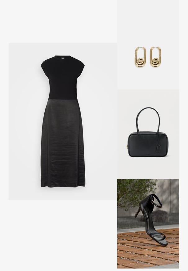 Vestido negro con un cuerpo ajustado y una falda fluida y sedosa. Mangas cortas, escote redondo, textura suave y diseño hasta los tobillos.; Sandalia negra de tacón alto con correa en el tobillo, parece suspendida sobre un suelo de baldosas de madera al aire libre, con un fondo difuminado de vegetación y piedra.; Bolso rectangular negro con asas dobles redondeadas, cremallera dorada y logo "HUGO" en relieve en el frente con etiqueta de cuero adjunta.; BOSS DOUBLE B SWING - Pendientes - gold-coloured