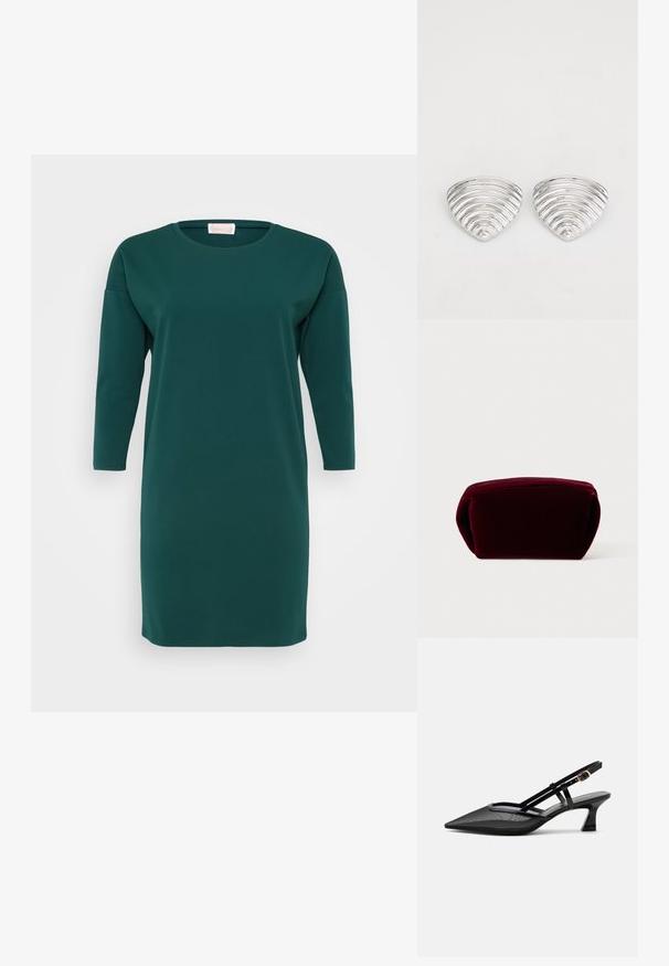 Mørkegrøn, knælang kjole lavet af blødt stof. Har en rund halsudskæring og trekvartærmer med en løs pasform og ingen synlige mønstre.; Sort spids tå slingback-sko med mesh-øverdel, tynde stropper, guldlås og lav buet hæl på hvid baggrund.; Bordeaux velourspose med en rund form, tekstureret overflade og en diskret lynlåslukning øverst. Glat indvendigt.; Sølvfarvede øreringe med et bølget, tekstureret design, formet som overlappende halvmåner; den polerede overflade fremhæver de reflekterende egenskaber.