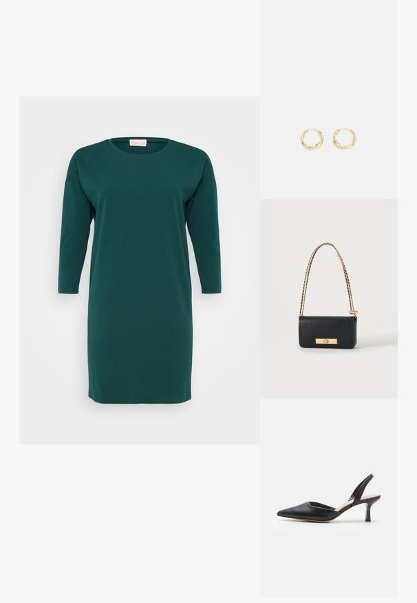 Mørkegrøn, knælang kjole lavet af blødt stof. Har en rund halsudskæring og trekvartærmer med en løs pasform og ingen synlige mønstre.; Sort læder slingback-sko med spids tå, en tynd hæl og et rent design, der har en slank silhuet og glat tekstur.; Sort rektangulær lædertaske med gyldent kæderem og gyldent rektangulært lås foran.; Guld hoops øreringe med en tekstureret, ujævn overflade. Har et let design og cirkulær form, egnet til hverdagsbrug.