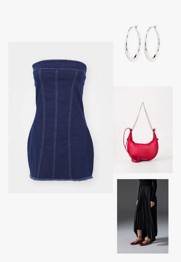 Mørkeblå denim uden stropper med lodrette syninger, frynset kant og kontrastfuld hvid syning. Den tætsiddende design fremhæver silhuetten.; Sort plisseret nederdel med en høj-lav kant, parret med glansfulde røde flade sko med en remdesign. Stoffet har en glat overflade.; Rød mesh håndtaske med en buet form, sølvkædeldetaljer og en justerbar skulderrem. Har et brandingmærke på forsiden.; Sølvøreringe i form af hoops med en glat, blank finish. Cirkulær form, der har en sikker lås. Simpelt og elegant design.