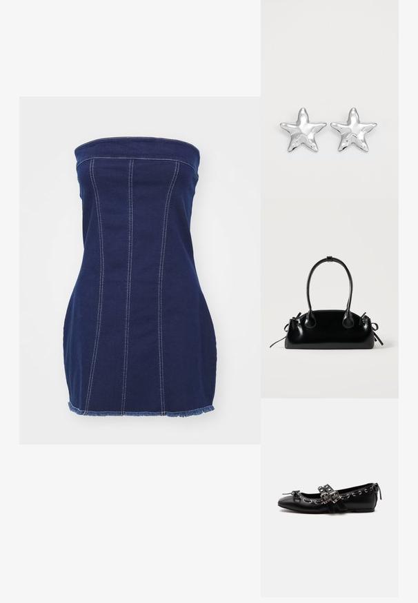 Mørkeblå denim uden stropper med lodrette syninger, frynset kant og kontrastfuld hvid syning. Den tætsiddende design fremhæver silhuetten.; Sort flad balletsko med dobbelt spænde, sølvøjer og en lille sløjfe nær den runde tå på en hvid baggrund.; Lille sort blank håndtaske med to lange håndtag og snøre-detaljer i siden på en ensfarvet lys baggrund.; Sølvstjernede øreringe med en poleret, blank overflade. Hver ørering har fem spidser og subtile teksturdetaljer på overfladen.