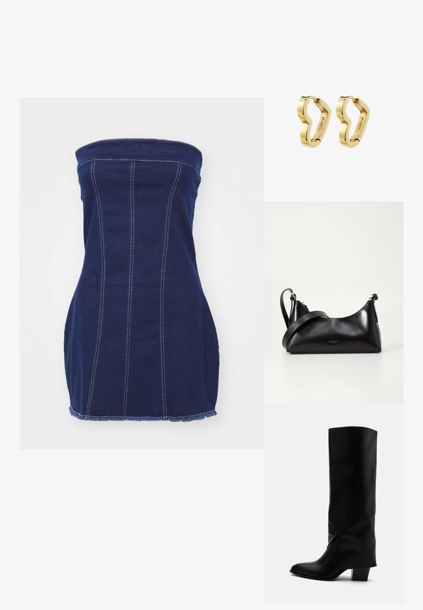 Mørkeblå denim uden stropper med lodrette syninger, frynset kant og kontrastfuld hvid syning. Den tætsiddende design fremhæver silhuetten.; Høj sort læderstøvle med skråt syning, spids tå og kraftig mellemhøj hæl på hvid baggrund.; Sort læderhåndtaske med en glat tekstur. Har en justerbar stropp og et enkelt, minimalistisk design med lynlås.; Par polerede guldfarvede hoop-øreringe med ujævn bølget form, graveret med "PILGRIM" på indersiden.