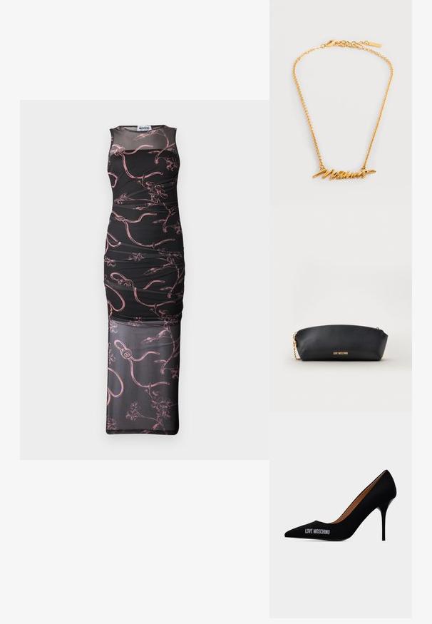 Schwarzes ärmelloses Kleid mit figurnahem Schnitt, das mit pinken Blumen- und abstrakten Linienmustern, einem Netzüberzug und geraffter Textur versehen ist.; Schwarzer spitzer Stiletto-Absatz mit dem Schriftzug "LOVE MOSCHINO" an der Außenseite und einem glatten Schlupfdesign.; Schwarzes Moschino Täschchen mit goldener Kette und goldenem Logoprint vorne vor einfachem hellem Hintergrund.; Halskette in Goldoptik mit einem Anhänger in Schreibschrift, zartem Kettenband und Karabinerverschluss.