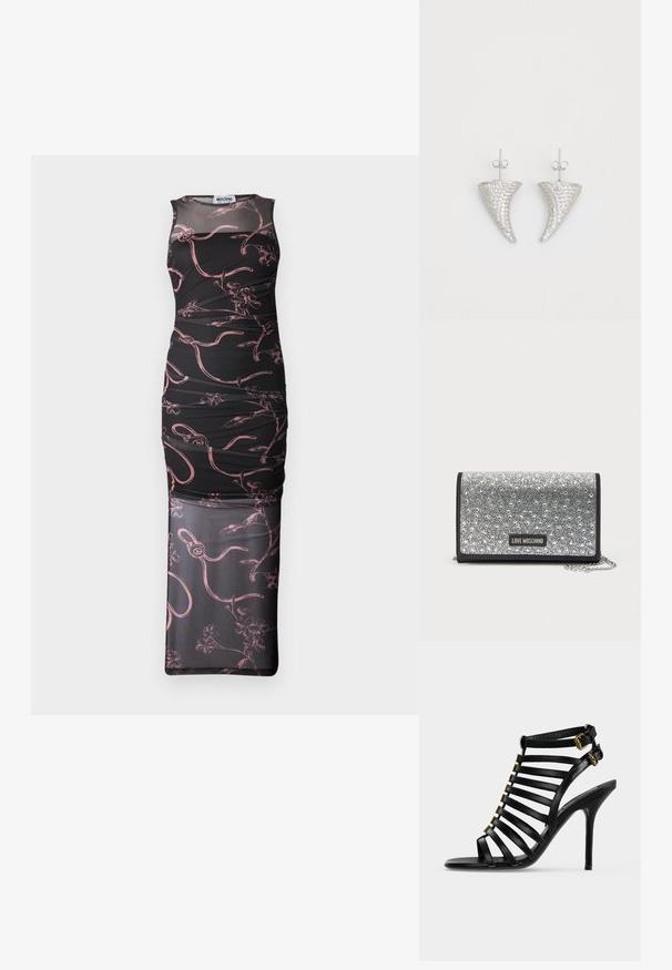 Schwarzes ärmelloses Kleid mit figurnahem Schnitt, das mit pinken Blumen- und abstrakten Linienmustern, einem Netzüberzug und geraffter Textur versehen ist.; Schwarze Leder-High-Heeled-Sandale mit mehreren horizontalen Riemen und zwei goldenen Schnallen am Knöchel auf hellem einfarbigem Hintergrund.; Silberfarbige Clutch mit Pailletten, rechteckiger Form und schwarzem Besatz. Verfügt über einen Kettenriemen und eine Markenplakette. Glatte Oberfläche mit schimmernden Akzenten.; Silberne, hornförmige Ohrringe, besetzt mit kleinen klaren Steinen, mit einem Steckverschluss zur Befestigung. Glatte Textur und metallisches Finish.