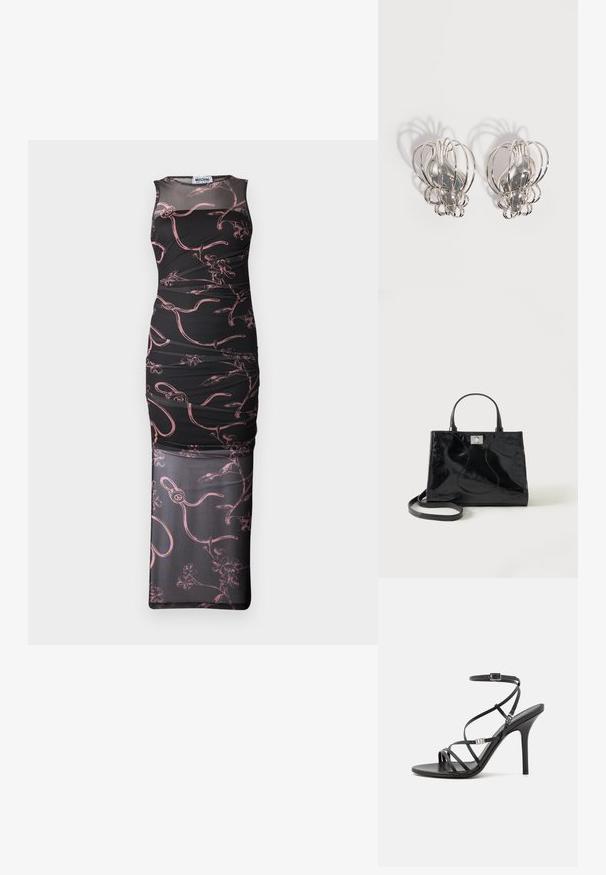 Schwarzes ärmelloses Kleid mit figurnahem Schnitt, das mit pinken Blumen- und abstrakten Linienmustern, einem Netzüberzug und geraffter Textur versehen ist.; Schwarze High-Heel-Sandale mit dünnen Riemen, einem Knöchelverschluss, einer glatten Lederoberfläche und einem schlanken Stiletto-Absatz.; Schwarze Handtasche aus Lackleder mit abgerundeten Griffen, abnehmbarem Schulterriemen und silberner Verschlussklammer auf einfachem weißem Hintergrund.; Paar silberne Metallohrstecker mit offenem Drahtkäfig-Design und glatten zentralen ovalen Formen, die geschwungene Schatten auf einem weißen Hintergrund werfen.