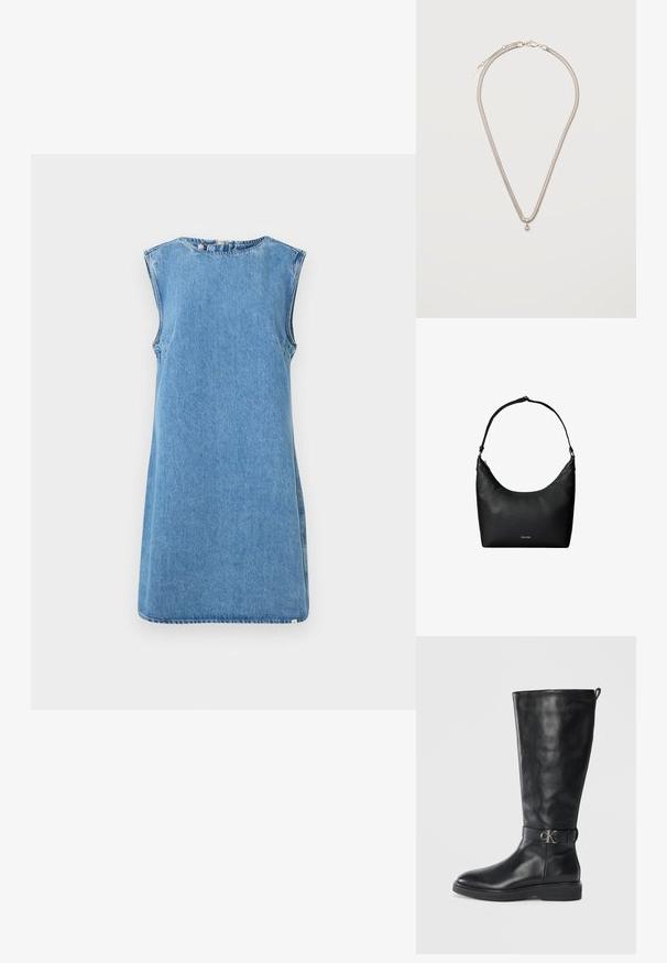 Lysblå denim uden ærmer kjole med rund halsudskæring og lige snit. Har sidesømme og en nederste kant, der er syet frynser.; Sorte læder knæhøje støvler med lav hæl, rund tå og metallisk "CK" logo spænde om anklen.; Sort tekstureret læder skuldertaske med en enkelt rem og et lille Calvin Klein-logo foran i midten.; Tynd sølvkæde med et lille rundt sølvvedhæng, sikret med en karabinhage på en ensartet hvid baggrund.