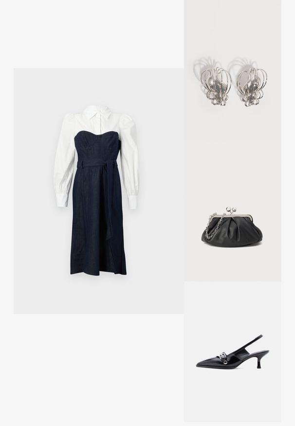 Denim jurk met een gestructureerde donkerblauwe lijfje en witte overhemdstijl mouwen. Heeft een getailleerde taille en bijpassend strikceintuur.; Zwarte slingback kitten heel schoen van lakleer met puntige neus en zilveren gespsluiting op een effen witte achtergrond.; Zwarte leren clutch met geplooide textuur, zilverkleurig metalen frame, drukknopsluiting en kettingriem. Glad, zacht oppervlak.; Een paar zilveren metalen oorbellen met een open draadkooi-ontwerp en gladde centrale ovale vormen die gebogen schaduwen werpen op een witte achtergrond.
