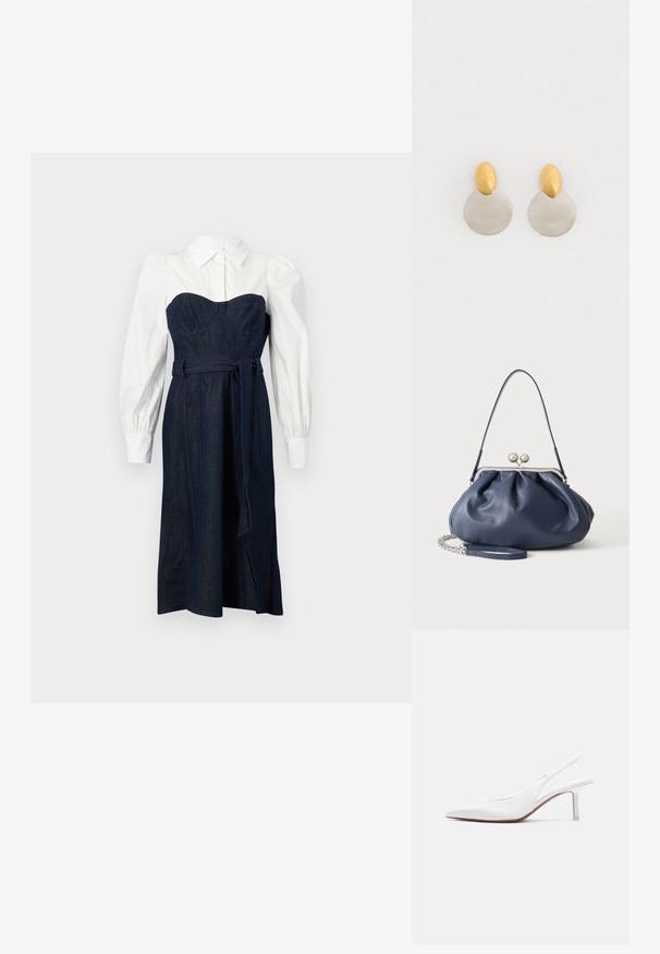 Denim jurk met een gestructureerde donkerblauwe lijfje en witte overhemdstijl mouwen. Heeft een getailleerde taille en bijpassend strikceintuur.; Witte leren slingback damesschoen met spitse neus, lage kittenhak en een kleine decoratieve strik bovenop, zijaanzicht.; Zachte navyblauwe leren handtas met zilveren sluiting, enkele schouderband en afneembare ketting polsband op witte achtergrond.; Gouden en zilveren metalen oorbellen met een ronde schijfbasis en een ovale bovenstuk, gladde textuur en gepolijste afwerking.