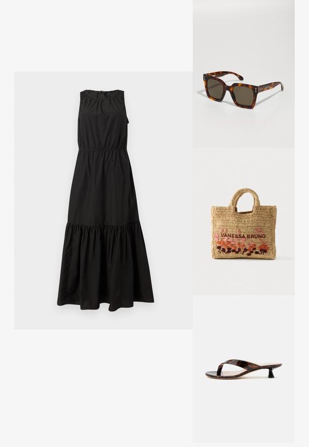 Robe noire sans manches dotée d'une taille élastique, d'un col froncé et d'un ourlet à volants en niveaux, fabriquée en tissu léger.; Sandale à talon kitten écaille de tortue marron avec bride entre les orteils et bout carré sur un fond clair uni.; Lunettes de soleil en écaille de tortue avec des verres carrés, teinte brun foncé et accents frontaux distinctifs ; texture lisse et design de monture robuste.; Sac cabas en raphia tannée tissé à la main avec poignées arrondies, brodé de "VANESSA BRUNO" et orné de motifs floraux roses, orange et violet.
