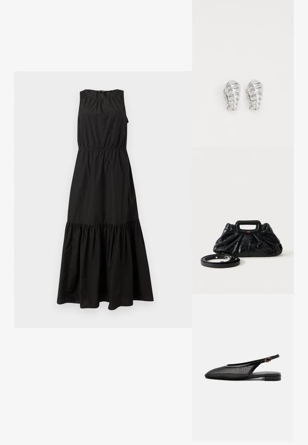 Robe noire sans manches dotée d'une taille élastique, d'un col froncé et d'un ourlet à volants en niveaux, fabriquée en tissu léger.; Chaussure plate noire à bride arrière, bout pointu, tige en mesh, bride à boucle réglable et petit talon empilé sur fond blanc.; Petit sac à main en cuir noir avec texture froncée, poignée rectangulaire et fine bandoulière amovible placée à côté.; Boucles d'oreilles en clip argentées avec un design en spirale, présentant une texture métallique lisse et des formes arrondies. Pas d'embellissements ou de motifs visibles.