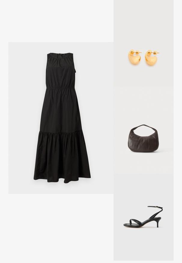 Robe noire sans manches dotée d'une taille élastique, d'un col froncé et d'un ourlet à volants en niveaux, fabriquée en tissu léger.; Sandale pour femme en cuir noir avec fines lanières, une boucle d'orteil, une boucle à la cheville et un talon aiguille de hauteur moyenne sur un fond neutre.; Petit sac à main marron foncé texturé avec une courte bandoulière et un fond arrondi sur un fond clair uni.; Paire de petites boucles d'oreilles clous épaisses en métal doré avec des formes lisses, courbes et abstraites sur un fond clair.