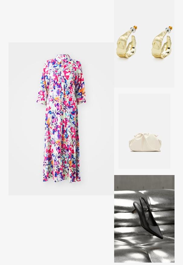 Kvetinové maxi šaty s golierom, s multicolor kvetmi na svetlom pozadí; vyrobené z ľahkého materiálu, majú dlhé rukávy a zapínanie na gombíky.; Čierna slingback topánka s lesklým koženým povrchom, lichobežníkovou špičkou, nízkym blokovým podpätkom a úzkym členkovým remienkom, zavesená nad kovovým povrchom.; Mäkká krémová kožená kabelka typu clutch so zošitým, nariaseným dizajnom a tenkým ramenným popruhom, ktorý je položený vpredu na jednofarebnom pozadí.; Náušnice v zlatej farbe v tvare abstraktných rúk, s lesklým povrchom, zložitými detailmi a strieborným a zlatým podstavcom pre bezpečné upevnenie.