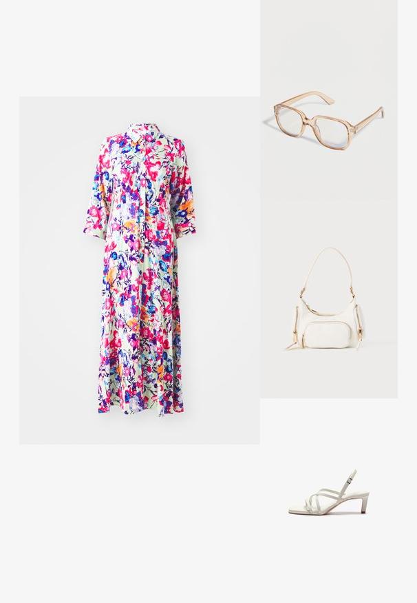 Kvetinové maxi šaty s golierom, s multicolor kvetmi na svetlom pozadí; vyrobené z ľahkého materiálu, majú dlhé rukávy a zapínanie na gombíky.; Zign by Zalando Klasické lodičky na opätku - off white; Priesvitné svetlohnedé obdĺžnikové obruby na okuliare s priehľadnými šošovkami, zobrazené na bielom pozadí.; Biela kabelka s krátkym popruhom, textúrovaným povrchom, viacerými zipsovými vreckami a zlatými akcentmi. Kompaktný a moderný dizajn.