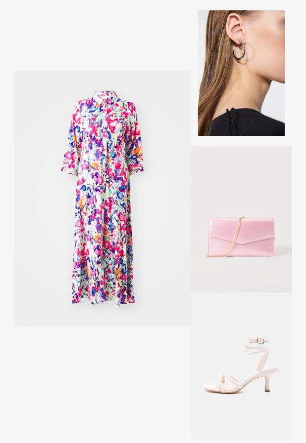 Bloemrijke maxi-jurk met kraag, met kleurrijke bloemen op een lichte achtergrond; gemaakt van lichte stof, heeft lange mouwen en een knoopsluiting.; Witte sandaal met hak, voorzien van een voorzijde met bandjes, een enkelriempje met gesp en een smalle hak van gemiddelde hoogte, afgebeeld op een effen achtergrond.; Lichtroze rechthoekige clutch met envelopflap en een dun gouden schouderriempje tegen een effen achtergrond.; Zilveren oorbel met een gepolijste afwerking, met kleine gouden accentdetails en een ronde vorm, gedragen op de oorlel.