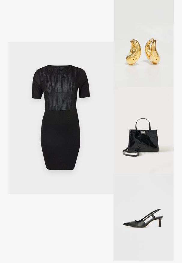Schwarzes Strickkleid mit kurzen Ärmeln, einer figurbetonten Silhouette und einem texturierten Einsatz mit vertikalen Linien im Oberteil.; Schwarzer Slingback-Schuh aus Leder mit spitz zulaufender Zehenpartie, versehen mit glänzendem Akzent auf der Vorderkappe und mittelhohem Absatz. Offenes Seitendesign.; Schwarze Handtasche aus Lackleder mit abgerundeten Griffen, abnehmbarem Schulterriemen und silberner Verschlussklammer auf einfachem weißem Hintergrund.; Goldene Creolen mit einer glatten, geschwungenen Form und polierter Oberfläche. Mit einem Verschlussmechanismus und leichten Einkerbungen für Details.
