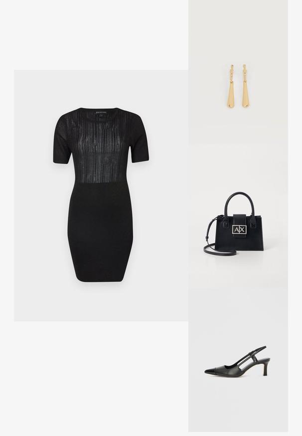 Zwarte gebreide jurk met korte mouwen, een aansluitende silhouet en een getextureerd paneel met verticale lijnen op het lijfje.; Zwarte leren slingback schoen met een puntige neus, voorzien van een glanzend detail op de neuskap en een hak van gemiddelde hoogte. Open zijkant ontwerp.; Zwarte leren handtas met een gestructureerd ontwerp, bovenhandvatten en een afneembare schouderriem. Bevat een zilverkleurig logo plaatje en een soepele textuur.; Oorbellen in goudkleur met glanzende, langgerekte druppelvormige hangers die aan kleine oorringen hangen, op een witte achtergrond.