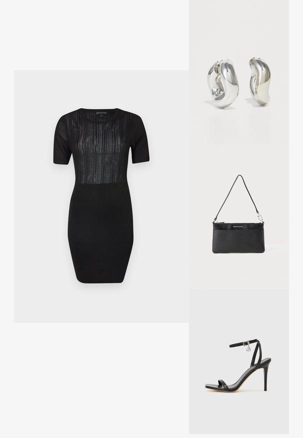 Schwarzes Strickkleid mit kurzen Ärmeln, einer figurbetonten Silhouette und einem texturierten Einsatz mit vertikalen Linien im Oberteil.; Schwarze High-Heel-Sandale mit schmalem Knöchelriemen, quadratischer Zehenbox, glattem Leder und metallischem Schnallenakzent.; Schwarze Leder-Wristlet, strukturierte Oberfläche, Reißverschlussverschluss, silberfarbene Hardware, Markenlogo, verstellbarer Riemen. Kompakter und rechteckiger Zuschnitt.; Silberne skulpturale Ohrringe mit glatten, geschwungenen Formen und reflektierenden Oberflächen. Sie verfügen über ein geschlossenes Ringdesign und eine ausgeprägte organische Form.