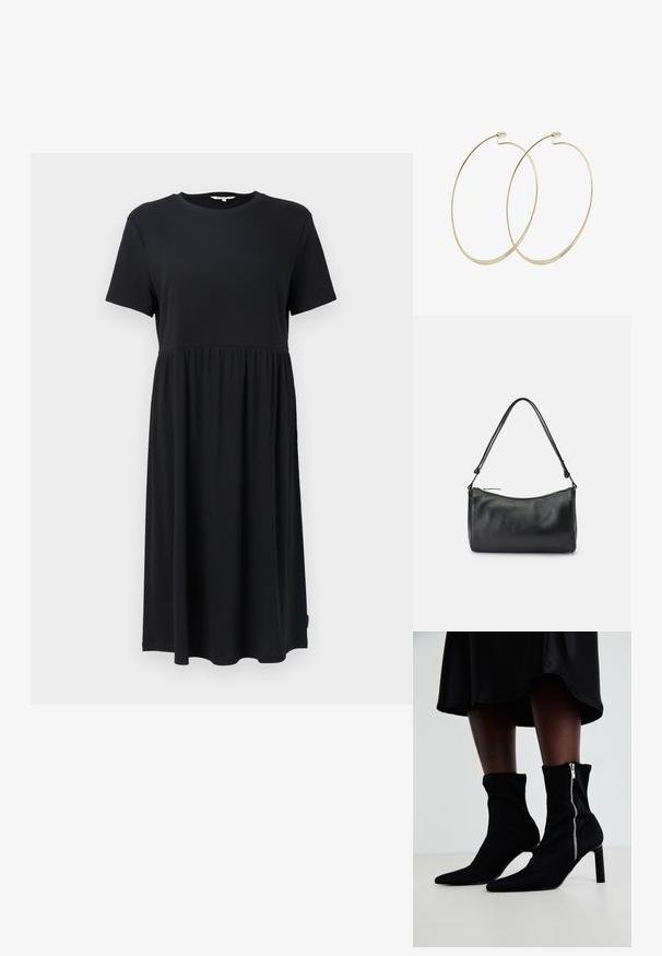 Vestido negro de manga corta con cuello redondo, que presenta un cuerpo ajustado y una falda fluida por debajo de la rodilla. Fabricado con tejido suave.; Botas negras hasta el tobillo con un cuerpo de tela elástica, punta afilada y cierre lateral de cremallera, sobre un tacón fino y alto.; Bolso de hombro de piel negra con textura suave, forma curva y una sola correa larga, con cierre de cremallera en la parte superior.; Pilgrim Pendientes - gold-coloured