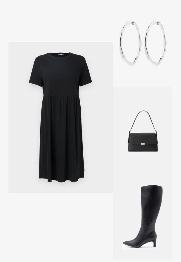 Vestido negro de manga corta con cuello redondo, que presenta un cuerpo ajustado y una falda fluida por debajo de la rodilla. Fabricado con tejido suave.; Botas altas de cuero negro hasta la rodilla con puntas afiladas, que presentan un diseño elegante y un pequeño tacón cuadrado. Textura suave con acentos mínimos.; Bolso de mano negro hecho de un material texturizado con una forma estructurada. Presenta un cierre de solapa, un acento en tono dorado y un asa sencilla.; Par de pendientes de aro ovalados retorcidos de plata pulida con cierres de bisagra, mostrados sobre fondo blanco.