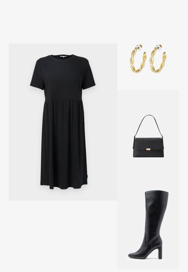 Vestido negro de manga corta con cuello redondo, que presenta un cuerpo ajustado y una falda fluida por debajo de la rodilla. Fabricado con tejido suave.; Botas de cuero negras hasta la rodilla con un diseño elegante, punta afilada y tacón cuadrado de 10 cm, que presentan detalles de costura sutiles.; Bolso de mano negro hecho de un material texturizado con una forma estructurada. Presenta un cierre de solapa, un acento en tono dorado y un asa sencilla.; Pendientes de aro retorcidos en oro con una superficie lisa, que cuentan con un respaldo transparente y herrajes en tono dorado.