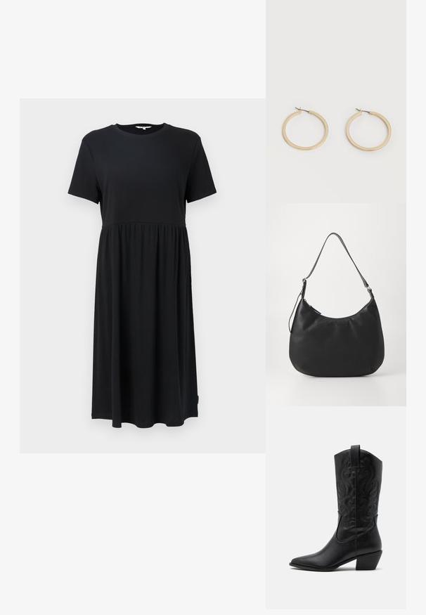 Vestido negro de manga corta con cuello redondo, que presenta un cuerpo ajustado y una falda fluida por debajo de la rodilla. Fabricado con tejido suave.; Botas de vaquero de cuero negro con punta afilada, patrones en relieve en espiral y un tacón de altura media. Presentan una lengüeta para facilitar el uso.; Bolso hobo negro fabricado con material suave y duradero. Cuenta con una sola correa ajustable y un logotipo sutilmente grabado en la parte frontal.; Par de pendientes de aro de tamaño mediano con tono dorado y cierre de bisagra sobre un fondo claro y liso.