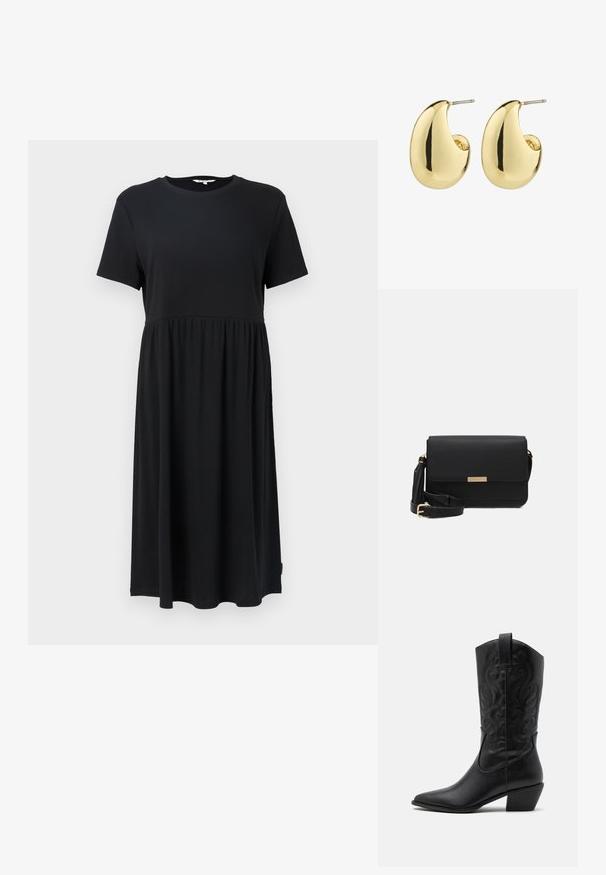 Vestido negro de manga corta con cuello redondo, que presenta un cuerpo ajustado y una falda fluida por debajo de la rodilla. Fabricado con tejido suave.; Botas de vaquero de cuero negro con punta afilada, patrones en relieve en espiral y un tacón de altura media. Presentan una lengüeta para facilitar el uso.; Bolso cruzado de cuero negro con cierre de solapa, acentos en dorado, correa ajustable y superficie texturizada. Forma rectangular compacta.; Pendientes de stud en tono dorado con una superficie suave y pulida, que presentan una forma abstracta en forma de lágrima. Hardware de metal simple para la sujeción.